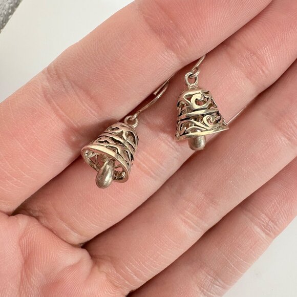 VTG Sterling Silver 925 Scroll Design Bell Dangle Earrings Size 0.75" Length - Picture 5 of 9